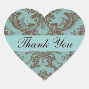 Aqua Chocolate Damask Thank You Heart Sticker