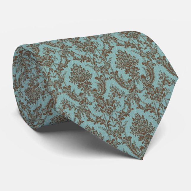 Aqua Chocolate Damask Tie (Rolled)