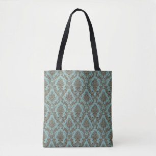Aqua Chocolate Damask Tote Bag