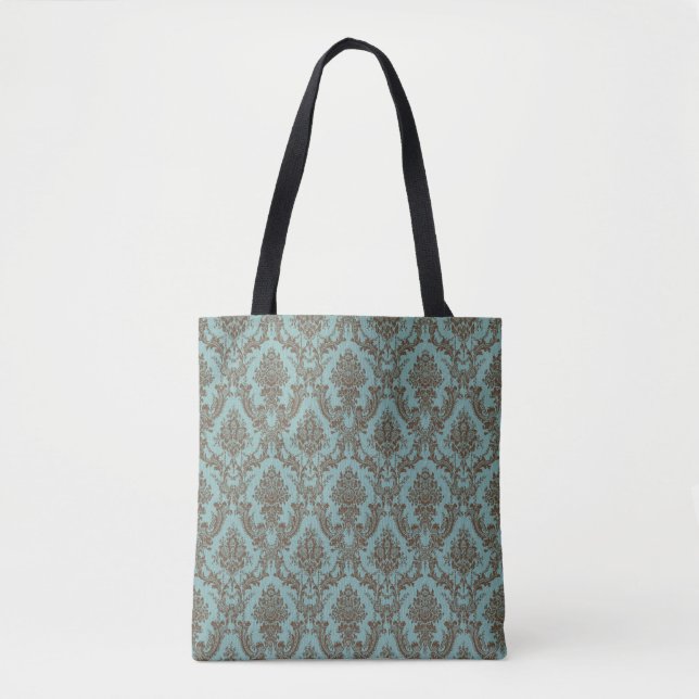 Aqua Chocolate Damask Tote Bag (Front)