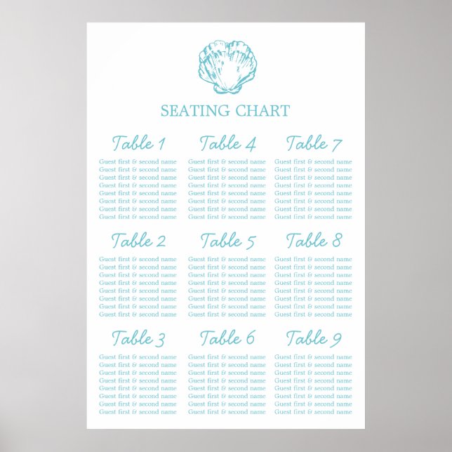 Aqua clam shell Wedding Seating Table Planner 1-9 Poster (Front)