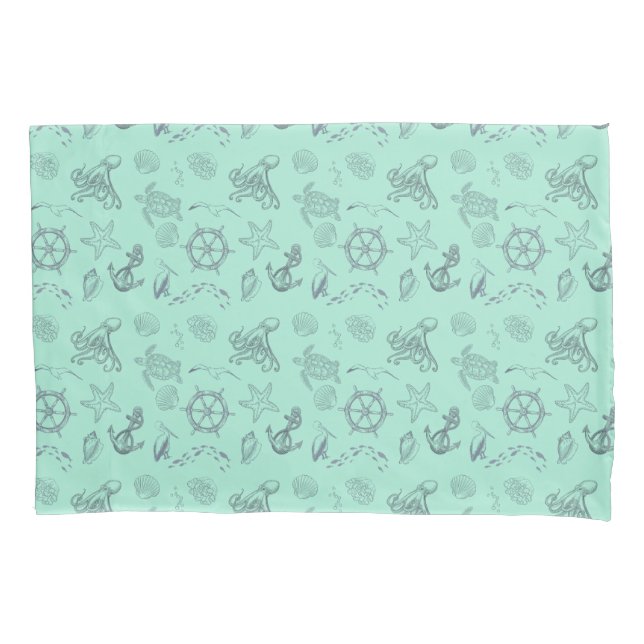 Aqua Coastal Sea Life  Pillowcase (Front)