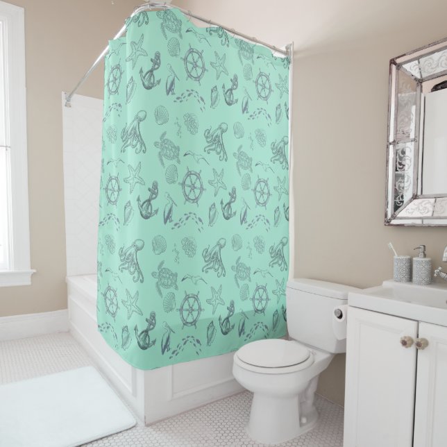 Aqua Coastal Sea Life  Shower Curtain (In Situ)