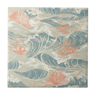 Aqua Coastal Seashell Starfish Wave Pattern Ceramic Tile