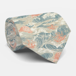 Aqua Coastal Seashell Starfish Wave Pattern Tie