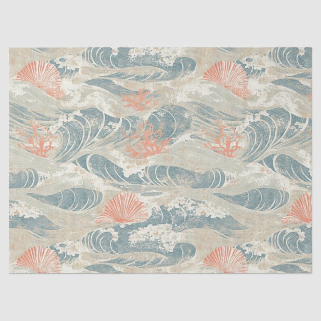 Aqua Coastal Seashell Starfish Wave Pattern Tissue Paper (Front)
