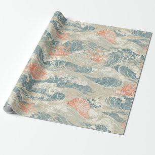 Aqua Coastal Seashell Starfish Wave Pattern Wrapping Paper