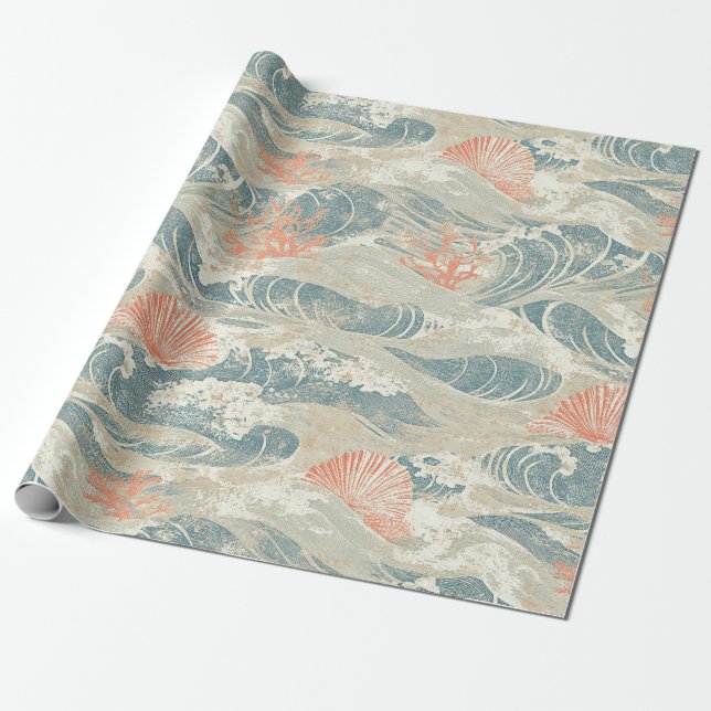 Aqua Coastal Seashell Starfish Wave Pattern Wrapping Paper (Unrolled)