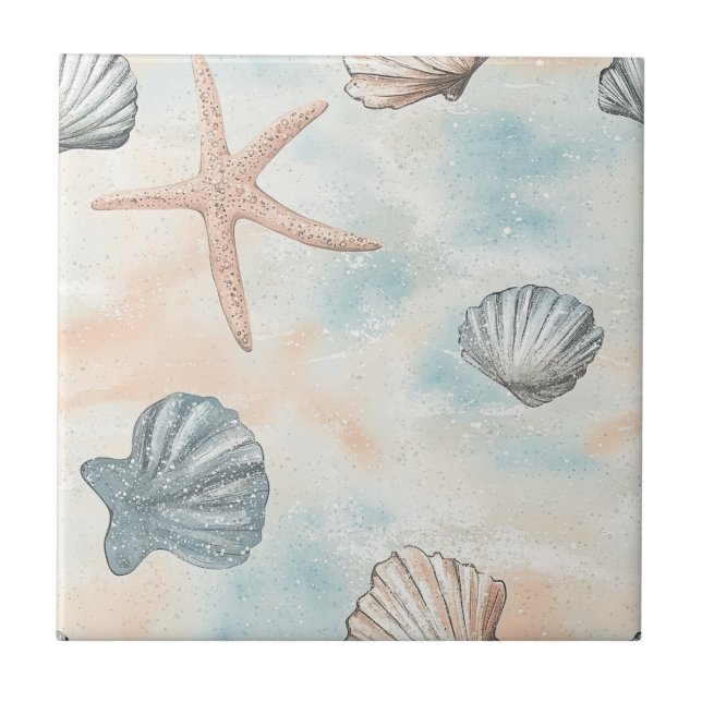 Aqua Coastal Seashells & Sparkle Starfish (1) Ceramic Tile (Front)