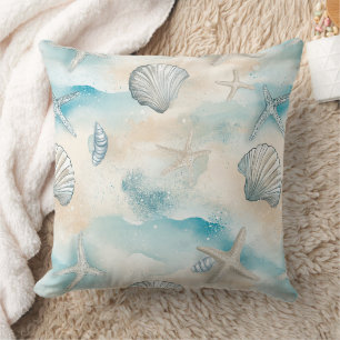 Aqua Coastal Seashells & Sparkle Starfish (3) Cushion