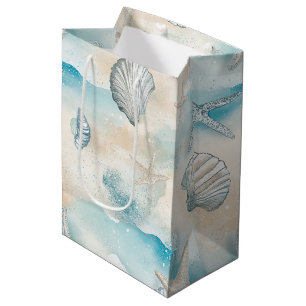 Aqua Coastal Seashells & Sparkle Starfish (3) Medium Gift Bag