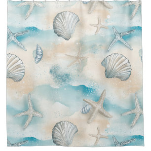 Aqua Coastal Seashells & Sparkle Starfish (3) Shower Curtain