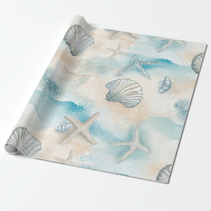 Aqua Coastal Seashells & Sparkle Starfish (3) Wrapping Paper