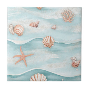 Aqua Coastal Seashells & Sparkle Starfish (4) Ceramic Tile