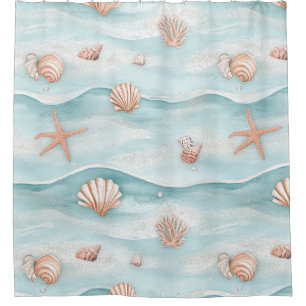 Aqua Coastal Seashells & Sparkle Starfish (4) Shower Curtain