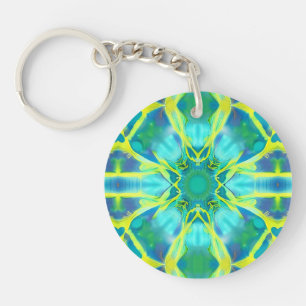 Aqua, Cobalt Blue and Yellow Tie Dye Pattern  Key Ring