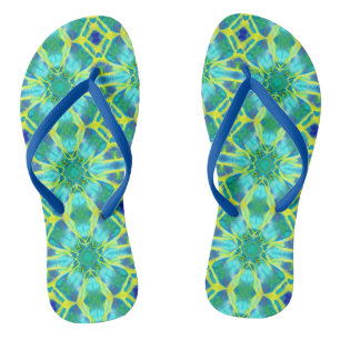 Aqua, Cobalt Blue and Yellow Tie Dye Pattern Thongs