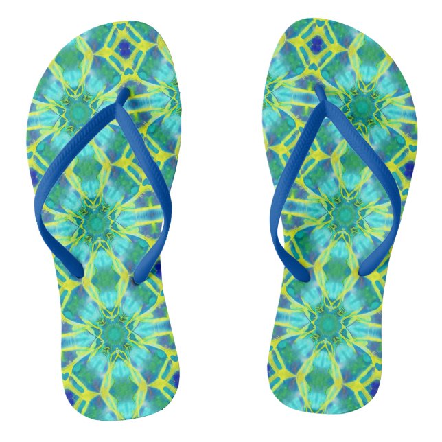 Aqua, Cobalt Blue and Yellow Tie Dye Pattern Thongs (Footbed)