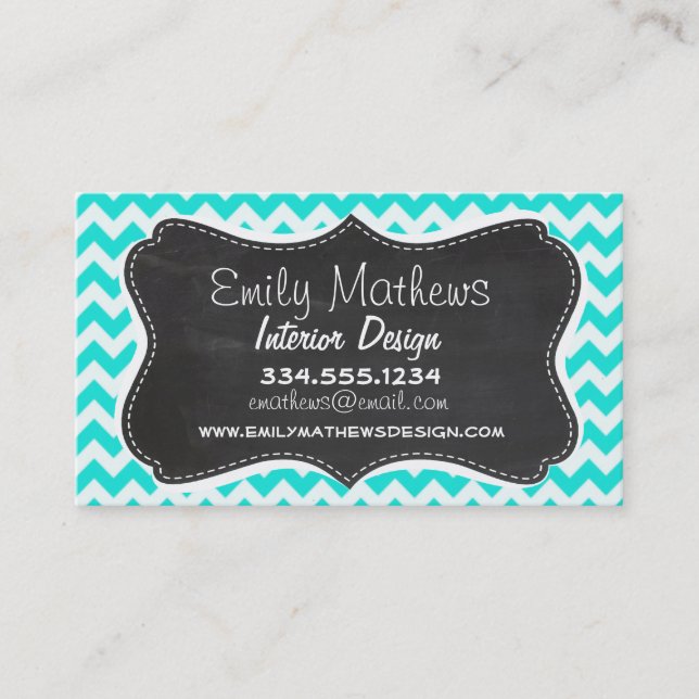 Aqua Colour Chevron; Vintage Chalkboard look Business Card (Front)