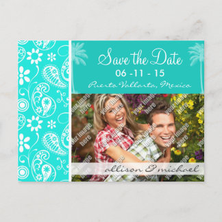 Aqua Colour Paisley; Floral; Summer Palm Announcement Postcard