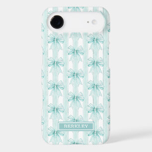 Aqua Coquette Bows on Stripes Monogrammed Case-Mat