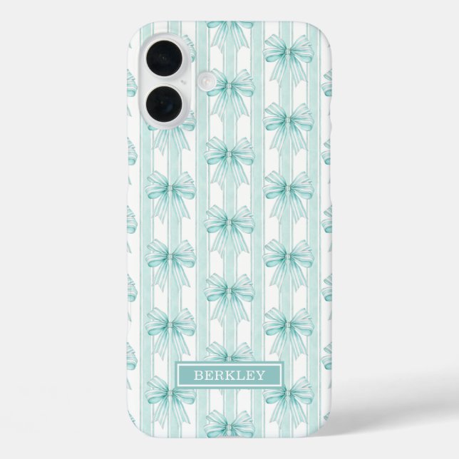 Aqua Coquette Bows on Stripes Monogrammed Case-Mat Case-Mate iPhone Case (Back)