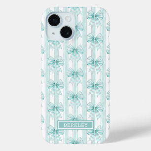 Aqua Coquette Bows on Stripes Monogrammed iPhone 15 Case