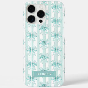 Aqua Coquette Bows on Stripes Monogrammed iPhone 16 Pro Max Case