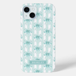 Aqua Coquette Bows on Stripes Monogrammed iPhone 15 Mini Case