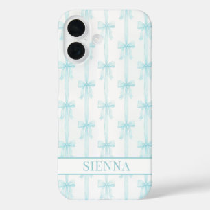 Aqua Coquette Bows Striped Monogrammed iPhone 16 Case