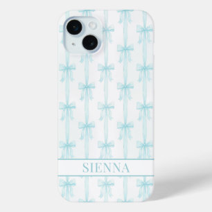 Aqua Coquette Bows Striped Monogrammed iPhone 15 Mini Case