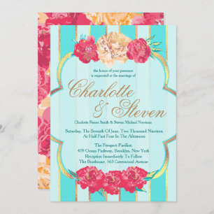 Aqua, Coral and Gold, Floral, Wedding Invitations