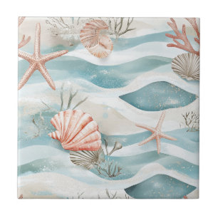 Aqua Coral Botanical Coastal Pattern Ceramic Tile