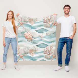 Aqua Coral Botanical Coastal Pattern Fleece Blanket