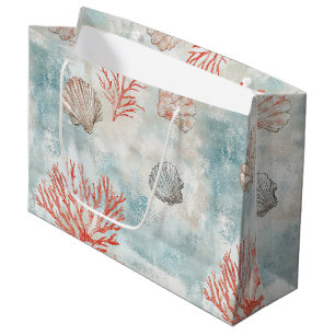 Aqua Coral Botanical Coastal Pattern Large Gift Bag
