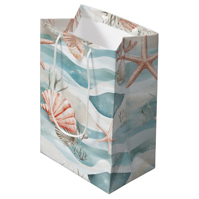Aqua Coral Botanical Coastal Pattern Medium Gift Bag (Front Angled)