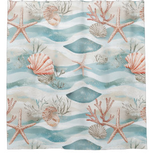 Aqua Coral Botanical Coastal Pattern Shower Curtain