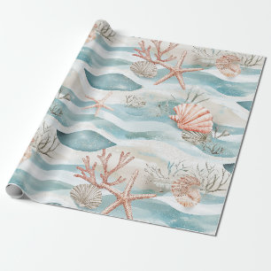 Aqua Coral Botanical Coastal Pattern Wrapping Paper