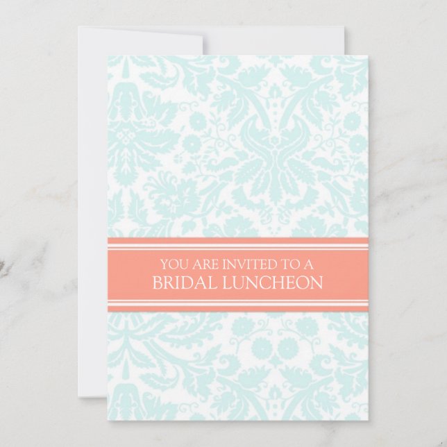 Aqua Coral Damask Bridal Lunch Invitation (Front)