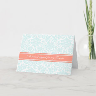 Aqua Coral Damask Cousin Bridesmaid Invitation