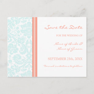 Aqua Coral Damask Save the Date Wedding Postcard