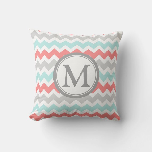 Aqua Coral Grey Chevron Monogram Decorative Pillow (Front)