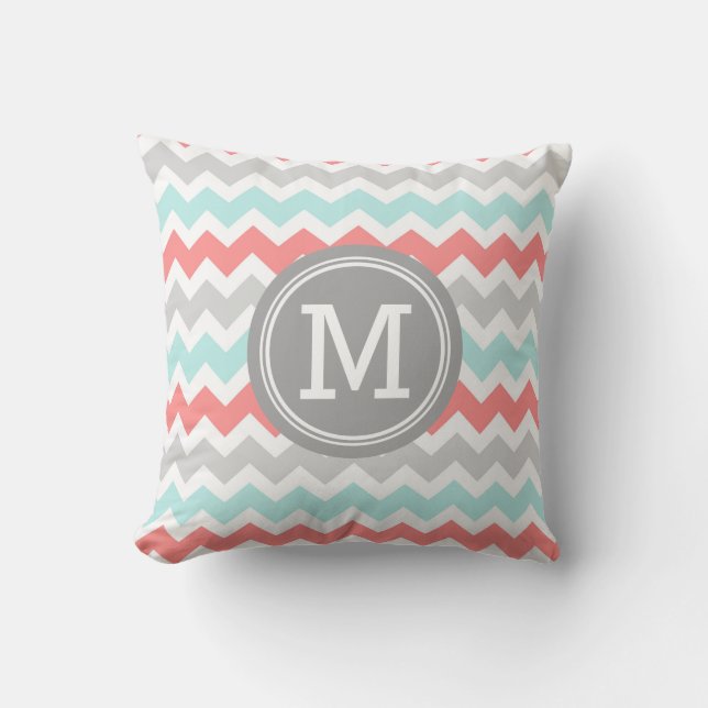 Aqua Coral Grey Chevron Monogram Decorative Pillow (Front)