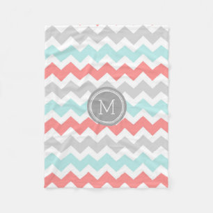 Aqua Coral Grey Chevron Pattern Monogram Blanket