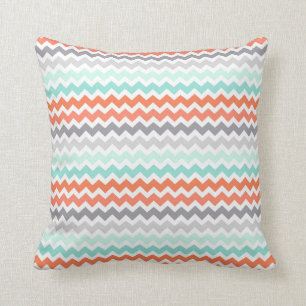 Aqua Coral Grey Teal Chevron Decorative Pillow