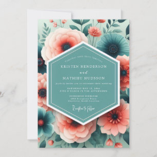 Aqua Coral Painted Bloom Wedding Invitation