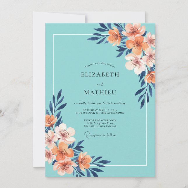 Aqua Coral Painted Wedding Invitation (Front)