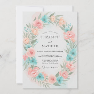 Aqua Coral Petal Wedding Invitation
