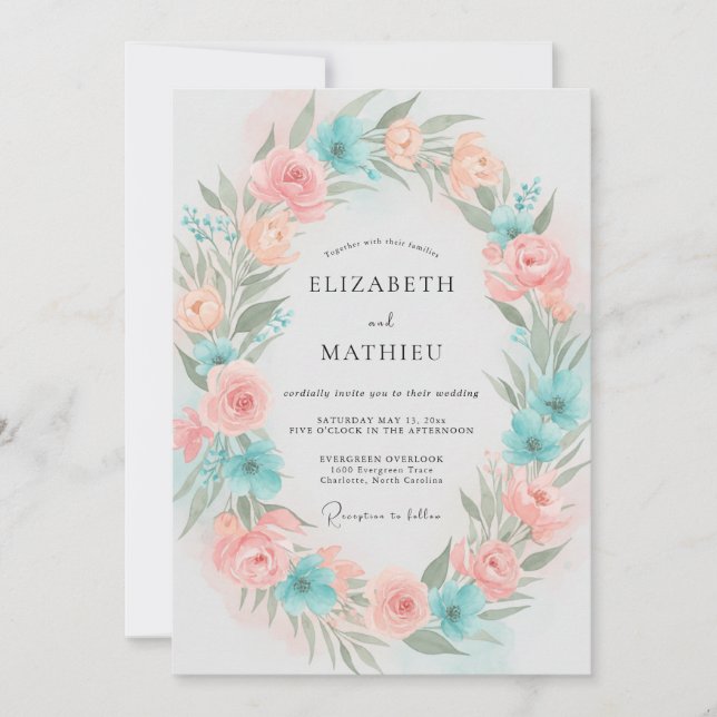 Aqua Coral Petal Wedding Invitation (Front)