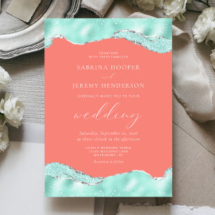 Aqua Coral Pink Silver Foil Glitter Wedding Invitation
